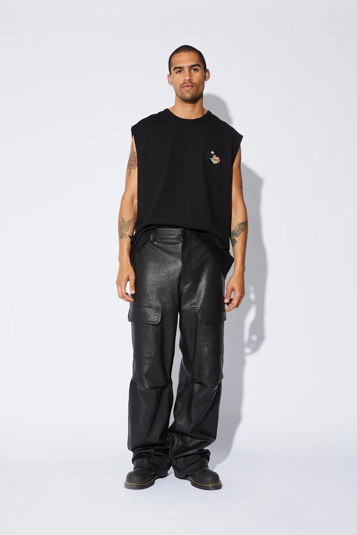 WIDE LEG LEATHER CARGO PANTS | BLACK